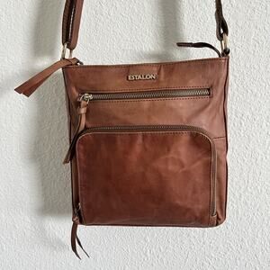 Estalon Brown Leather Crossbody Bag Purse Zipper Pockets Adjustable Strap